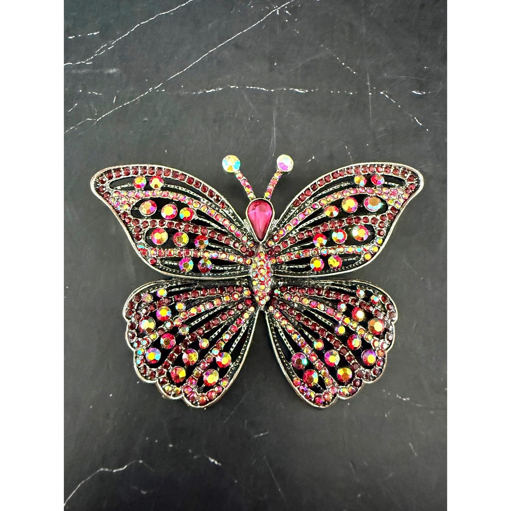 Rhinestone Butterfly Brooch 2.5in X 3.25in Multicolor Red Pink Silvertone